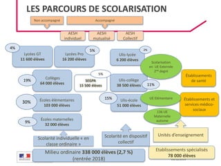 DGESCO
ÉCOLE INCLUSIVE 03/12/2019
Milieu ordinaire 338 000 élèves (2,7 %)
(rentrée 2018)
Etablissements spécialisés
78 000 élèves
Écoles maternelles
32 000 élèves
Ulis-école
51 000 élèves
Écoles élémentaires
103 000 élèves
Collèges
64 000 élèves
Lycées GT
11 600 élèves
Ulis-collège
38 500 élèves
Ulis-lycée
6 200 élèves
AESH
mutualisé
AESH
individuel
SEGPA
15 500 élèves
AESH
Collectif
Scolarité individuelle « en
classe ordinaire »
Scolarité en dispositif
collectif
Unités d’enseignement
Non accompagné Accompagné
Établissements et
services médico-
sociaux
136 UE
Maternelle
autisme
Scolarisation
en UE Externée
2nd degré
9%
30%
19%
4%
15%
11%
2%
5%
Lycées Pro
16 200 élèves
5%
UE Elémentaire
Établissements
de santé
LES PARCOURS DE SCOLARISATION
 