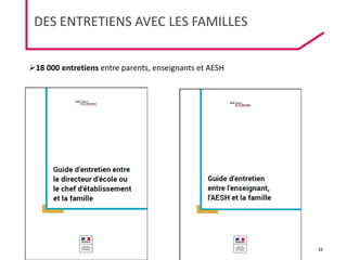 DGESCO
ÉCOLE INCLUSIVE 03/12/2019 32
DES ENTRETIENS AVEC LES FAMILLES
18 000 entretiens entre parents, enseignants et AESH
 