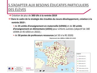 DGESCO
ÉCOLE INCLUSIVE 03/12/2019
5.S’ADAPTER AUX BESOINS ÉDUCATIFS PARTICULIERS
DES ÉLÈVES
➜ Création de plus de 300 Ulis à la rentrée 2019
➜ Dans le cadre de la stratégie des troubles du neuro-développement, création à la
rentrée 2019 :
• de 25 unités d’enseignement en maternelle (UEMA) et de 20 unités
d’enseignement en élémentaire (UEEA) pour enfants autistes (objectif de 180
UEMA et 45 UEEA en 2022) ;
• de 50 postes de professeurs ressources (et 50 à la RS 2020)
 