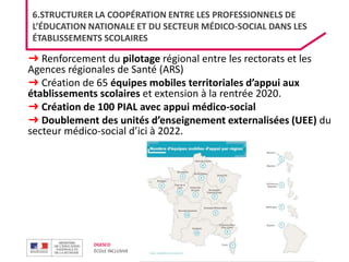DGESCO
ÉCOLE INCLUSIVE 03/12/2019
6.STRUCTURER LA COOPÉRATION ENTRE LES PROFESSIONNELS DE
L’ÉDUCATION NATIONALE ET DU SECTEUR MÉDICO-SOCIAL DANS LES
ÉTABLISSEMENTS SCOLAIRES
➜ Renforcement du pilotage régional entre les rectorats et les
Agences régionales de Santé (ARS)
➜ Création de 65 équipes mobiles territoriales d’appui aux
établissements scolaires et extension à la rentrée 2020.
➜ Création de 100 PIAL avec appui médico-social
➜ Doublement des unités d’enseignement externalisées (UEE) du
secteur médico-social d’ici à 2022.
 