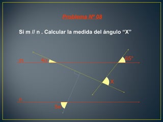 Si m // n . Calcular la medida del ángulo “X”
5α
4α 65°
X
m
n
Problema Nº 08
 
