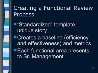 32
Creating a Functional Review
Process
 “Standardized” template –
unique story
Creates a baseline (efficiency
and effectiveness) and metrics
Each functional area presents
to Sr. Management
 