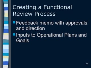 Creating a Functional
Review Process
Feedback memo with approvals
and direction
Inputs to Operational Plans and
Goals
33
 