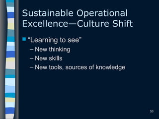 53
Sustainable Operational
Excellence—Culture Shift
 “Learning to see”
– New thinking
– New skills
– New tools, sources of knowledge
 