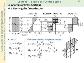 PLASTICANALYSISANDDESIGNOFSTEELSTRUCTURES
Assoc.Prof.AshrafI.M.El-Sabbagh,FacultyofEngineeringPortSaid,Egypt
L E C T U R E 1 : B A S I C S O F P L A S T I C D E S I G N 17
𝐸. 𝑁. 𝐴
𝜎 𝑦
𝐶. 𝐺
𝑃𝑙𝑎𝑠𝑡𝑖𝑐
𝐶𝑒𝑛𝑡𝑒𝑟
𝑬𝑳𝑨𝑺𝑻𝑰𝑪
𝑇
𝑑
𝑏
2
3
𝑑 𝛼𝑑
2
3
𝛼𝑑
ൗ𝑑
2
𝐶 𝐶1
𝐶2
𝑇1
𝑇2
𝑇
𝐶
𝜎 𝑦
𝜎 𝑦 𝜎 𝑦
𝜎 𝑦 𝜎 𝑦𝑑 1 − 𝛼
4
𝑑 1 + 𝛼
2
𝑃. 𝑁. 𝐴
𝑬𝑳𝑨𝑺𝑻𝑶 − 𝑷𝑳𝑨𝑺𝑻𝑰𝑪 𝑷𝑳𝑨𝑺𝑻𝑰𝑪
ൗ𝑑
2
ൗ𝑑
2
𝑍 𝑒 = 𝑏 𝑑2
/6
𝑀 𝑦 = 𝜎 𝑦 𝑍 𝑒
𝑀 𝑦 = 𝜎 𝑦
𝑏 𝑑2
6
𝑬𝑳𝑨𝑺𝑻𝑰𝑪
𝐶 = 𝑇 =
1
2
𝜎 𝑦
𝑑
2
𝑏 = 𝜎 𝑦
𝑏 𝑑
4
𝑀 𝑦 = 𝐶 ×
2
3
𝑑 = 𝜎 𝑦
𝑏 𝑑
4
×
2
3
𝑑
𝑀 𝑦 = 𝜎 𝑦
𝑏 𝑑2
6
Alternative method using stress block:
M
4.1. Rectangular Cross-Section
4. Analysis of Cross-Sections
 