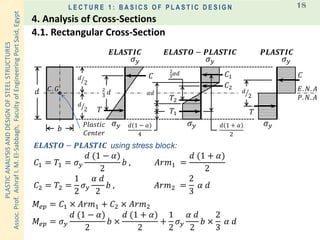 PLASTICANALYSISANDDESIGNOFSTEELSTRUCTURES
Assoc.Prof.AshrafI.M.El-Sabbagh,FacultyofEngineeringPortSaid,Egypt
L E C T U R E 1 : B A S I C S O F P L A S T I C D E S I G N 18
𝐸. 𝑁. 𝐴
𝜎 𝑦
𝐶. 𝐺
𝑃𝑙𝑎𝑠𝑡𝑖𝑐
𝐶𝑒𝑛𝑡𝑒𝑟
𝑬𝑳𝑨𝑺𝑻𝑰𝑪
𝑇
𝑑
𝑏
2
3
𝑑 𝛼𝑑
2
3
𝛼𝑑
ൗ𝑑
2
𝐶 𝐶1
𝐶2
𝑇1
𝑇2
𝑇
𝐶
𝜎 𝑦
𝜎 𝑦 𝜎 𝑦
𝜎 𝑦 𝜎 𝑦𝑑 1 − 𝛼
4
𝑑 1 + 𝛼
2
𝑃. 𝑁. 𝐴
𝑬𝑳𝑨𝑺𝑻𝑶 − 𝑷𝑳𝑨𝑺𝑻𝑰𝑪 𝑷𝑳𝑨𝑺𝑻𝑰𝑪
ൗ𝑑
2
ൗ𝑑
2
𝑬𝑳𝑨𝑺𝑻𝑶 − 𝑷𝑳𝑨𝑺𝑻𝑰𝑪
𝐶1 = 𝑇1 = 𝜎 𝑦
𝑑 (1 − 𝛼)
2
𝑏 , 𝐴𝑟𝑚1 =
𝑑 (1 + 𝛼)
2
𝑀𝑒𝑝 = 𝐶1 × 𝐴𝑟𝑚1 + 𝐶2 × 𝐴𝑟𝑚2
𝑀𝑒𝑝 = 𝜎 𝑦
𝑑 (1 − 𝛼)
2
𝑏 ×
𝑑 (1 + 𝛼)
2
+
1
2
𝜎 𝑦
𝛼 𝑑
2
𝑏 ×
2
3
𝛼 𝑑
using stress block:
𝐶2 = 𝑇2 =
1
2
𝜎 𝑦
𝛼 𝑑
2
𝑏 , 𝐴𝑟𝑚2 =
2
3
𝛼 𝑑
4.1. Rectangular Cross-Section
4. Analysis of Cross-Sections
 