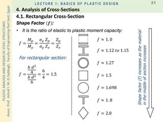 PLASTICANALYSISANDDESIGNOFSTEELSTRUCTURES
Assoc.Prof.AshrafI.M.El-Sabbagh,FacultyofEngineeringPortSaid,Egypt
L E C T U R E 1 : B A S I C S O F P L A S T I C D E S I G N 21
𝑓 =
𝑀 𝑝
𝑀 𝑦
=
𝜎 𝑦 𝑍 𝑝
𝜎 𝑦 𝑍 𝑒
=
𝑍 𝑝
𝑍 𝑒
Shape Factor (𝒇):
• It is the ratio of elastic to plastic moment capacity:
For rectangular section:
𝑓 =
𝑏 𝑑2
4
𝑏 𝑑2
6
=
6
4
= 1.5 𝑓 = 1.5
𝑓 = 1.698
𝑓 = 2.0
𝑓 ≈ 1.12 𝑡𝑜 1.15
𝑓 ≈ 1. 8
𝑓 ≈ 1. 0
Shapefactor(f)increasesasthematerial
inthemiddleofsectionincreases
𝑓 ≈ 1.27
4.1. Rectangular Cross-Section
4. Analysis of Cross-Sections
 