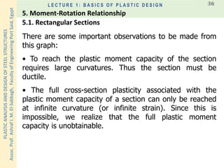 PLASTICANALYSISANDDESIGNOFSTEELSTRUCTURES
Assoc.Prof.AshrafI.M.El-Sabbagh,FacultyofEngineeringPortSaid,Egypt
L E C T U R E 1 : B A S I C S O F P L A S T I C D E S I G N 36
There are some important observations to be made from
this graph:
• To reach the plastic moment capacity of the section
requires large curvatures. Thus the section must be
ductile.
• The full cross-section plasticity associated with the
plastic moment capacity of a section can only be reached
at infinite curvature (or infinite strain). Since this is
impossible, we realize that the full plastic moment
capacity is unobtainable.
5.1. Rectangular Sections
5. Moment-Rotation Relationship
 