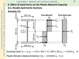 PLASTICANALYSISANDDESIGNOFSTEELSTRUCTURES
Assoc.Prof.AshrafI.M.El-Sabbagh,FacultyofEngineeringPortSaid,Egypt
L E C T U R E 1 : B A S I C S O F P L A S T I C D E S I G N 42
Example (3):
Crushing Load: 𝑃𝑐 = 𝐴. 𝜎 𝑦 = 10 × 360 + 2 × 200 × 20 𝜎 𝑦 = 11600 𝜎 𝑦 𝑁
𝐸. 𝑁. 𝐴
𝐶2
200 𝑚𝑚
𝜎 𝑦
𝑃. 𝑁. 𝐴
200 𝑚𝑚
360𝑚𝑚20𝑚𝑚20𝑚𝑚
10 𝑚𝑚
𝜎 𝑦
200𝑚𝑚200𝑚𝑚
𝐶1
𝑇1
𝑇2
𝑃𝑐
Pure Moment Pure Axial Load
𝜎 𝑦
𝜎 𝑦
Plastic Moment (deduced before): 𝑀 𝑝 = 1844000 𝜎 𝑦 𝑁. 𝑚
6.2. Doubly Symmetric Sections
6. Effect of Axial Force on the Plastic Moment Capacity
 