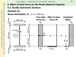PLASTICANALYSISANDDESIGNOFSTEELSTRUCTURES
Assoc.Prof.AshrafI.M.El-Sabbagh,FacultyofEngineeringPortSaid,Egypt
L E C T U R E 1 : B A S I C S O F P L A S T I C D E S I G N 45
Example (3):
Stress distribution: 2) 𝛽 𝑑 ≥ 180 𝑚𝑚
𝐸. 𝑁. 𝐴
200 𝑚𝑚
𝜎 𝑦
𝑃. 𝑁. 𝐴
200 𝑚𝑚
360𝑚𝑚20𝑚𝑚20𝑚𝑚
10 𝑚𝑚
𝜎 𝑦
200𝑚𝑚200𝑚𝑚
𝛽 𝑑
2 𝜎 𝑦
Pure Axial
Force (Pc)
Effect of Axial
Force (P)
𝜎 𝑦
𝜎 𝑦
𝐶`
Combined
Effect
𝑃𝑐
=+
6.2. Doubly Symmetric Sections
6. Effect of Axial Force on the Plastic Moment Capacity
 