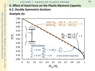 PLASTICANALYSISANDDESIGNOFSTEELSTRUCTURES
Assoc.Prof.AshrafI.M.El-Sabbagh,FacultyofEngineeringPortSaid,Egypt
L E C T U R E 1 : B A S I C S O F P L A S T I C D E S I G N 50
Example (3):
𝟗𝟐𝟐𝟎
𝟏𝟎𝟕𝟓𝟗
𝑴 𝒑𝒄
𝑴 𝒑
+
𝟑𝟒𝟐
𝟑𝟕𝟏
𝑷
𝑷 𝒄
+
𝟐𝟗
𝟑𝟕𝟏
𝑷
𝑷 𝒄
𝟐
= 𝟏
𝑴 𝒑𝒄
𝑴 𝒑
+
𝟖𝟒𝟏
𝟒𝟔𝟏
𝑷
𝑷 𝒄
𝟐
= 𝟏
𝑷
𝑷 𝒄
> 𝟎. 𝟏𝟓:
𝑴 𝒑𝒄
𝑴 𝒑
= 𝟏. 𝟏𝟖 𝟏 −
𝑷
𝑷 𝒄
𝑷
𝑷 𝒄
≤ 𝟎. 𝟏𝟓:
𝑴 𝒑𝒄
𝑴 𝒑
= 𝟏. 𝟎
𝑨𝒑𝒑𝒓𝒐𝒙𝒊𝒎𝒂𝒕𝒆:
6.2. Doubly Symmetric Sections
6. Effect of Axial Force on the Plastic Moment Capacity
𝒇𝒓𝒐𝒎 [𝑪𝒐𝒍𝒊𝒏 𝑪𝒂𝒑𝒓𝒂𝒏𝒊]
200 𝑚𝑚
200 𝑚𝑚
360𝑚𝑚20𝑚𝑚20𝑚𝑚
10 𝑚𝑚
 