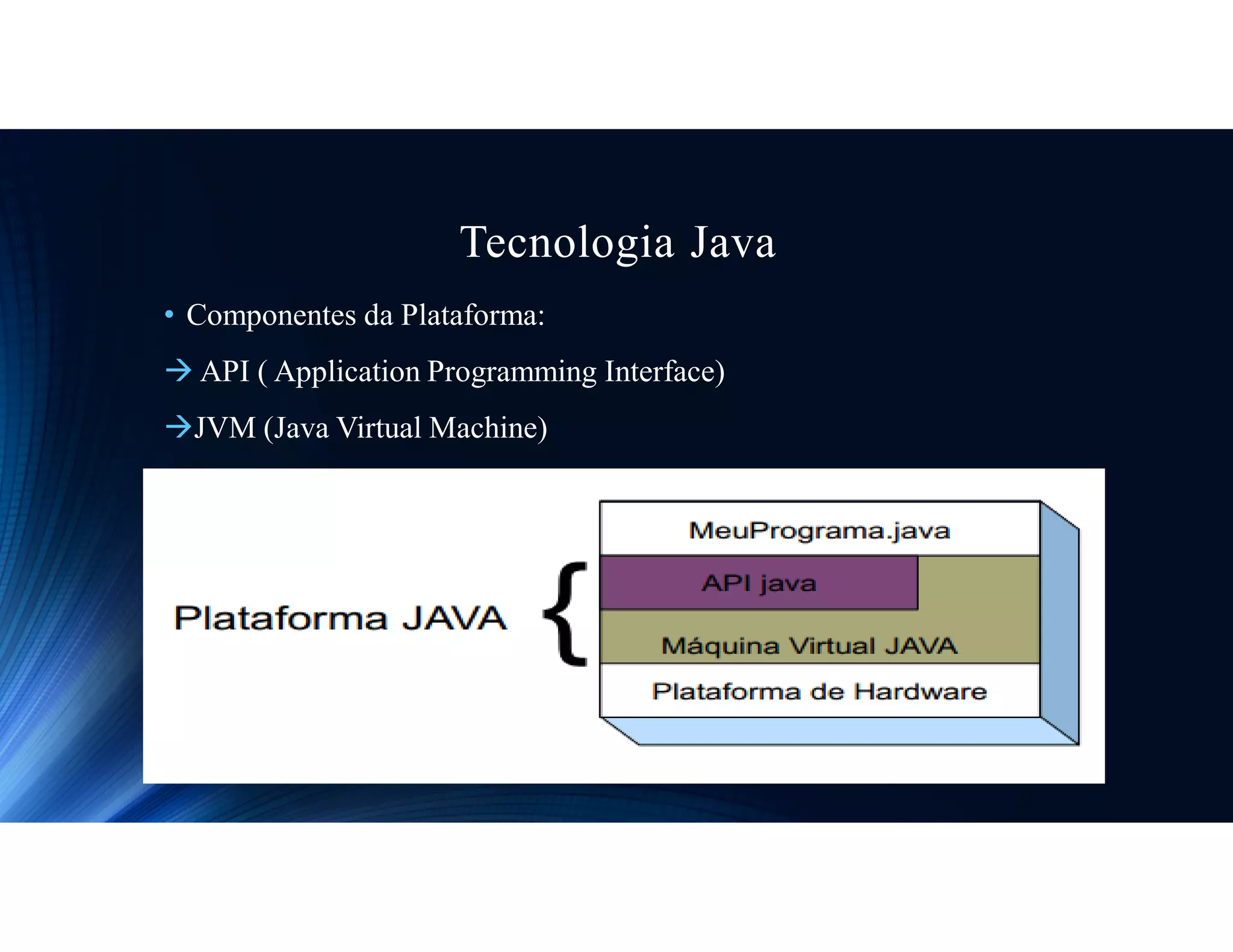 Tecnologia Java
• Componentes da Plataforma:
 API ( Application Programming Interface)
JVM (Java Virtual Machine)
 