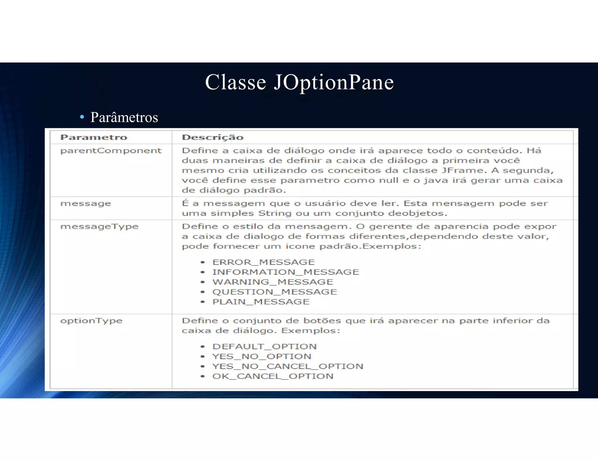 Classe JOptionPane
• Parâmetros
 