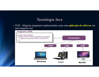 Tecnologia Java
• JVM – Máquina imaginaria implementada como uma aplicação de software em
uma maquina real
 