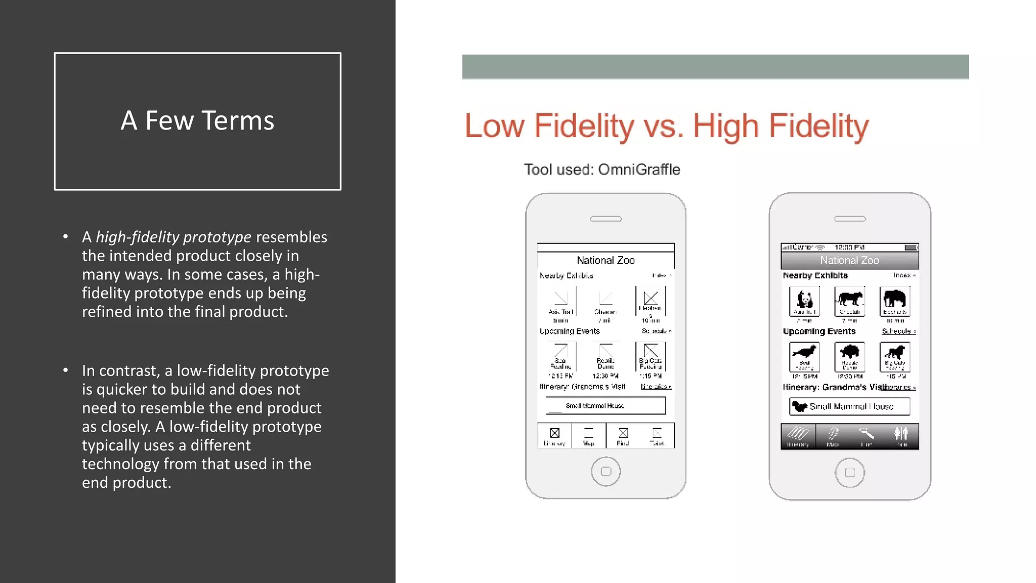 A Few Terms
• A high-fidelity prototype resembles
the intended product closely in
many ways. In some cases, a high-
fidelity prototype ends up being
refined into the final product.
• In contrast, a low-fidelity prototype
is quicker to build and does not
need to resemble the end product
as closely. A low-fidelity prototype
typically uses a different
technology from that used in the
end product.
 