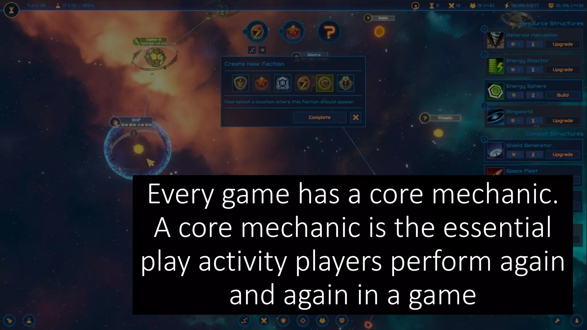Every game has a core mechanic.
A core mechanic is the essential
play activity players perform again
and again in a game
 