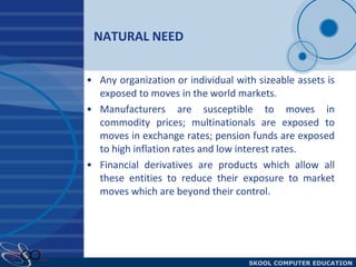 NATURAL NEED Any organization or individual with sizeable assets is exposed to moves in the world markets.  Manufacturers are susceptible to moves in commodity prices; multinationals are exposed to moves in exchange rates; pension funds are exposed to high inflation rates and low interest rates.  Financial derivatives are products which allow all these entities to reduce their exposure to market moves which are beyond their control. 