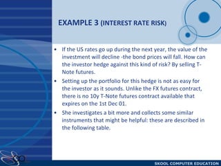 EXAMPLE 3  (INTEREST RATE RISK ) If the US rates go up during the next year, the value of the investment will decline -the bond prices will fall. How can the investor hedge against this kind of risk? By selling T-Note futures. Setting up the portfolio for this hedge is not as easy for the investor as it sounds. Unlike the FX futures contract, there is no 10y T-Note futures contract available that expires on the 1st Dec 01.  She investigates a bit more and collects some similar instruments that might be helpful: these are described in the following table. 