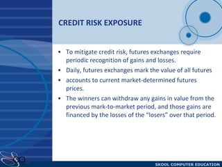 CREDIT RISK EXPOSURE To mitigate credit risk, futures exchanges require periodic recognition of gains and losses.  Daily, futures exchanges mark the value of all futures accounts to current market-determined futures prices.  The winners can withdraw any gains in value from the previous mark-to-market period, and those gains are financed by the losses of the “losers” over that period. 