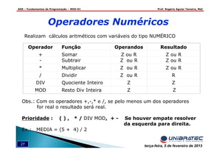 ADS – Fundamentos de Programação – MOD-01 Prof. Rogério Aguiar Teixeira, MsC
27 terça-feira, 5 de fevereiro de 2013
Operadores Numéricos
Realizam cálculos aritméticos com variáveis do tipo NUMÉRICO
Obs.: Com os operadores +,-,* e /, se pelo menos um dos operadores
for real o resultado será real.
Prioridade : ( ) , * / DIV MOD, + - Se houver empate resolver
da esquerda para direita.
Ex.: MEDIA = (5 + 4) / 2
Operador Função Operandos Resultado
+ Somar Z ou R Z ou R
- Subtrair Z ou R Z ou R
* Multiplicar Z ou R Z ou R
/ Dividir Z ou R R
DIV Quociente Inteiro Z Z
MOD Resto Div Inteira Z Z
 