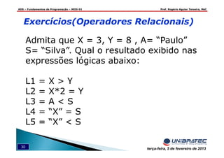 ADS – Fundamentos de Programação – MOD-01 Prof. Rogério Aguiar Teixeira, MsC
30 terça-feira, 5 de fevereiro de 2013
Admita que X = 3, Y = 8 , A= “Paulo”
S= “Silva”. Qual o resultado exibido nas
expressões lógicas abaixo:
L1 = X > Y
L2 = X*2 = Y
L3 = A < S
L4 = “X” = S
L5 = “X” < S
Exercícios(Operadores Relacionais)
 