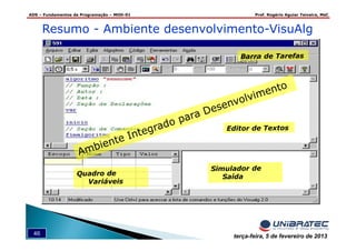 ADS – Fundamentos de Programação – MOD-01 Prof. Rogério Aguiar Teixeira, MsC
46 terça-feira, 5 de fevereiro de 2013
Resumo - Ambiente desenvolvimento-VisuAlg
 