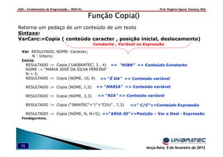 ADS – Fundamentos de Programação – MOD-01 Prof. Rogério Aguiar Teixeira, MsC
70 terça-feira, 5 de fevereiro de 2013
Função Copia()Função Copia()Função Copia()Função Copia()
Retorna um pedaço de um conteúdo de um texto
Sintaxe:
VarCarc:=Copia ( conteúdo caracter , posição inicial, deslocamento)
Var RESULTADO, NOME: Caracter;
N : Inteiro;
Inicio
RESULTADO := Copia (‘UNIBRATEC’, 2 , 4)
NOME := “MARIA JOSÉ DA SILVA PEREIRA”
N:= 2;
RESULTADO := Copia (NOME, 10, 4)
RESULTADO := Copia (NOME, 1,5)
RESULTADO := Copia (NOME, 3,3)
RESULTADO := Copia (“IBRATEC”+”/”+”CDU” , 7,3)
RESULTADO := Copia (NOME, N, N+5);
FimAlgoritmo.
=> “NIBR” => Conteúdo Constante
=> “É DA” => Conteúdo variável
=> “MARIA” => Conteúdo variável
=> “RIA” => Conteúdo variável
=>“ C/C”=>Conteúdo Expressão
=>“ARIA JO”=>Posição – Var e Desl - Expressão
Constante , Variável ou Expressão
 