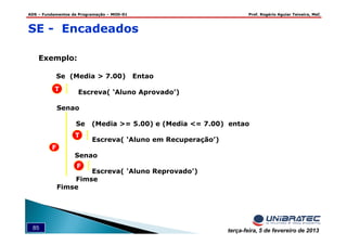 ADS – Fundamentos de Programação – MOD-01 Prof. Rogério Aguiar Teixeira, MsC
85 terça-feira, 5 de fevereiro de 2013
SE - Encadeados
Exemplo:
Se (Media > 7.00) Entao
Escreva( ‘Aluno Aprovado’)
Senao
Se (Media >= 5.00) e (Media <= 7.00) entao
Escreva( ‘Aluno em Recuperação’)
Senao
Escreva( ‘Aluno Reprovado’)
Fimse
Fimse
T
F
T
F
 