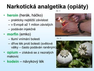 Narkotická analgetika (opiáty)
• heroin (herák, háčko)
– prakticky nejtěžší závislost
– v Evropě až 1 milion závislých
– podáván injekčně
• morfin (emko)
– tlumí vnímání bolesti
– dříve lék proti bolesti (světové
války – často podáván raněným)
• opium – získává se z nezralých
makovic
• kodein – návykový lék
Obr. 11
Obr. 10
 