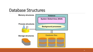 Database Structures
18
Storage structures
Memory structures
Process structures
Instance
System Global Area (SGA)
Background processes
Database files
 