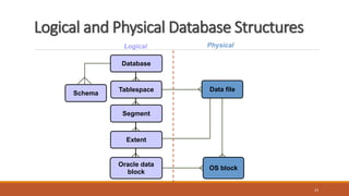 Logical and Physical Database Structures
23
Database
Logical Physical
Tablespace Data file
OS block
Segment
Extent
Oracle data
block
Schema
 