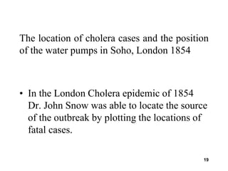19
The location of cholera cases and the position
of the water pumps in Soho, London 1854
• In the London Cholera epidemic of 1854
Dr. John Snow was able to locate the source
of the outbreak by plotting the locations of
fatal cases.
 
