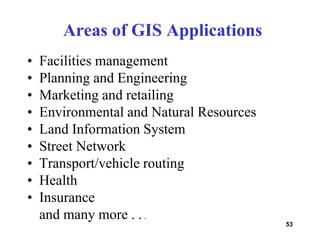 53
Areas of GIS Applications
• Facilities management
• Planning and Engineering
• Marketing and retailing
• Environmental and Natural Resources
• Land Information System
• Street Network
• Transport/vehicle routing
• Health
• Insurance
and many more . . .
 