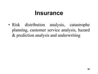 59
Insurance
• Risk distribution analysis, catastrophe
planning, customer service analysis, hazard
& prediction analysis and underwriting
 