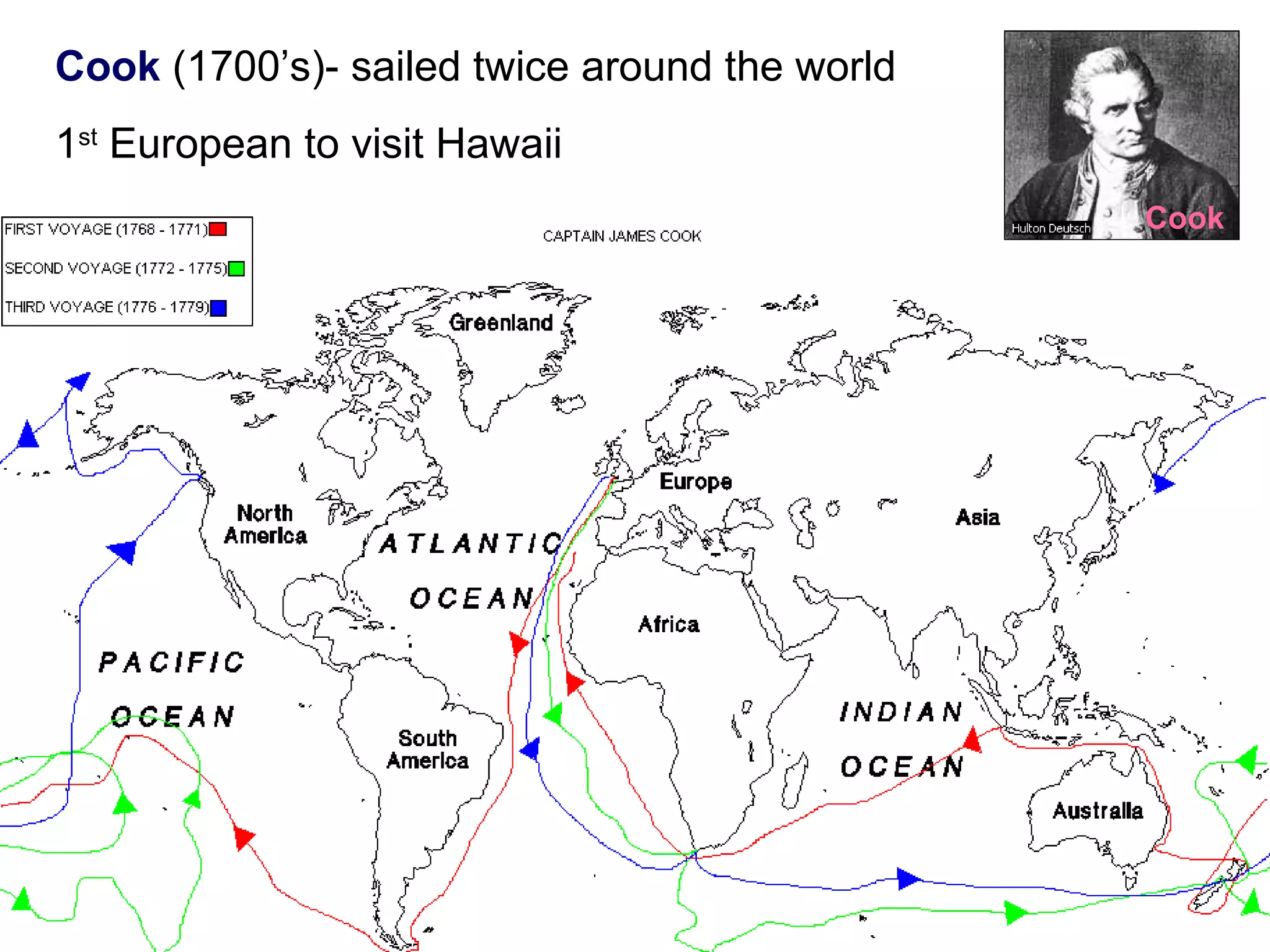Cook (1700’s)- sailed twice around the world
1st
European to visit Hawaii
Cook
 