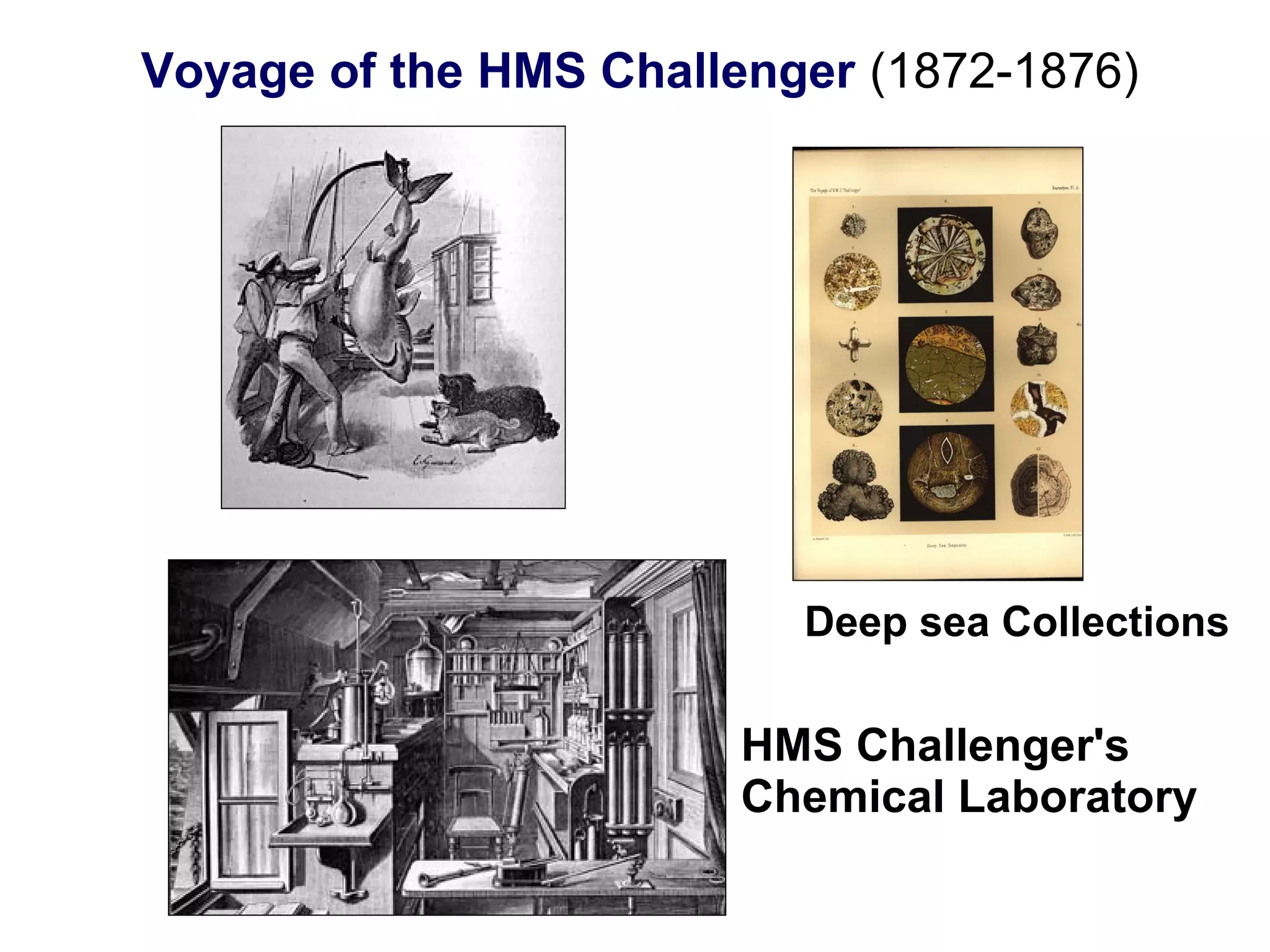 Voyage of the HMS Challenger (1872-1876)
HMS Challenger's
Chemical Laboratory
Deep sea Collections
 