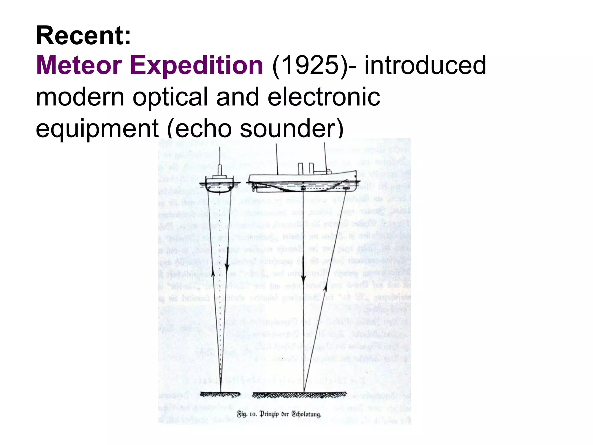 Meteor Expedition (1925)- introduced
modern optical and electronic
equipment (echo sounder)
Recent:
 