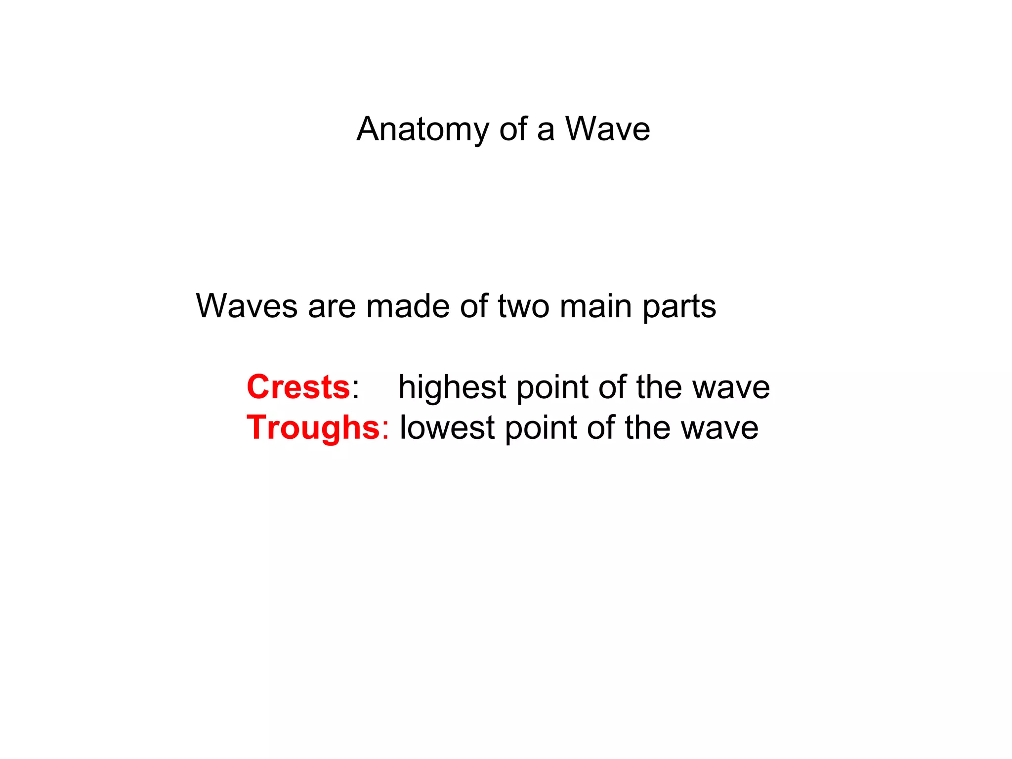 Anatomy of a Wave
Waves are made of two main parts
Crests: highest point of the wave
Troughs: lowest point of the wave
 
