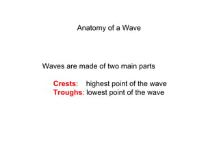 Anatomy of a Wave
Waves are made of two main parts
Crests: highest point of the wave
Troughs: lowest point of the wave
 