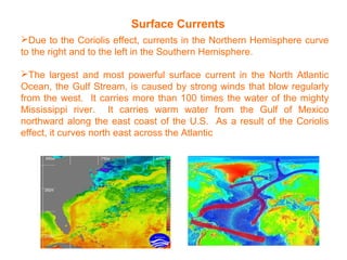 Surface Currents
Due to the Coriolis effect, currents in the Northern Hemisphere curve
to the right and to the left in the Southern Hemisphere.
The largest and most powerful surface current in the North Atlantic
Ocean, the Gulf Stream, is caused by strong winds that blow regularly
from the west. It carries more than 100 times the water of the mighty
Mississippi river. It carries warm water from the Gulf of Mexico
northward along the east coast of the U.S. As a result of the Coriolis
effect, it curves north east across the Atlantic
 