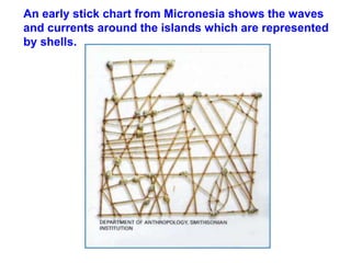 An early stick chart from Micronesia shows the waves
and currents around the islands which are represented
by shells.
 
