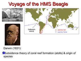 Voyage of the HMS Beagle
Darwin (1831):
•Subsidence theory of coral reef formation (atolls) & origin of
species
 
