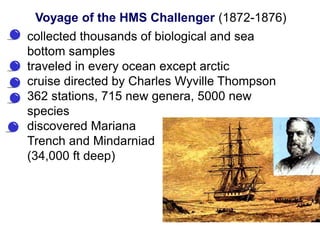 • collected thousands of biological and sea
bottom samples
• traveled in every ocean except arctic
• cruise directed by Charles Wyville Thompson
• 362 stations, 715 new genera, 5000 new
species
• discovered Mariana
Trench and Mindarniad
(34,000 ft deep)
Voyage of the HMS Challenger (1872-1876)
 