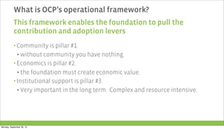 What is OCP’s operational framework?
This framework enables the foundation to pull the
contribution and adoption levers
▪ Community is pillar #1.
▪ without community you have nothing.
▪ Economics is pillar #2.
▪ the foundation must create economic value.
▪ Institutional support is pillar #3.
▪ Very important in the long term. Complex and resource intensive.
Monday, September 30, 13
 