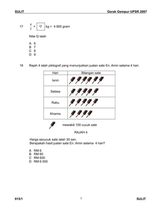 SULIT Gerak Gempur UPSR 2007
015/1 SULIT7
17
5
4
× kg = 4 800 gram
Nilai Q ialah
A 6
B 7
C 8
D 9
18 Rajah 4 ialah piktograf yang menunjukkan jualan sate En. Amin selama 4 hari.
Hari Bilangan sate
Isnin
Selasa
Rabu
Khamis
mewakili 100 cucuk sate
RAJAH 4
Harga secucuk sate ialah 30 sen.
Berapakah hasil jualan sate En. Amin selama 4 hari?
A RM 6
B RM 60
C RM 600
D RM 6 000
Q
 