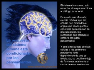 El sistema inmune no solo escucha, sino que reacciona al diálogo emocional. Es esto lo que afirma la ciencia médica: que las células que defienden el organismo tienen puntos concretos de recepción de neuropéptidos, las sustancias que produce el cerebro con cada pensamiento.  Y que la respuesta de esas células a los gérmenes patógenos varía dependiendo de que se fortalezca, se debilite o deje de funcionar totalmente a causa de esas sustancias.  La respuesta del sistema inmune está condicionada por los pensamientos.  