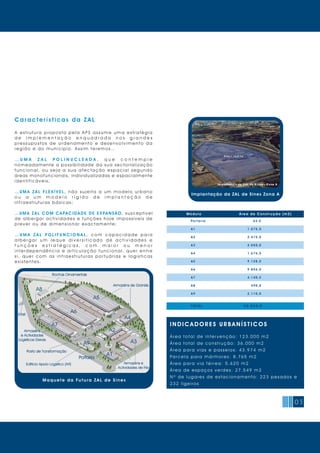 05
Ca racterísticas da ZAL
A e s t r u t u r a p r o p o s t a p e l a A P S a s s u m e u m a e s t r a t é g i a
d e i m p l e m e n t a ç ã o e n q u a d r a d a n o s g r a n d e s
p r e s s u p o s t o s d e o r d e n a m e n t o e d e s e n v o l v i m e n t o d a
região e do município. As s im teremos …
… U M A Z A L P O L I N U C L E A D A , q u e c o n t e m p l e
nomeadamente a possibilidade da sua sectorialização
f u n c i o n a l, o u s e j a a s u a a f e c t a ç ã o e s p a c i a l s e g u n d o
áreas monofuncionais, individualizadas e espacialmente
identificáveis;
… U M A Z A L F L E X Í V E L , n ã o s u j e i t a a u m m o d e l o u r b a n o
o u a u m m o d e l o r í g i d o d e i m p l a n t a ç ã o d e
infraestruturas básicas ;
…UMA ZAL COM CAPACIDADE DE EXPANSÃO, susceptível
de albergar actividades e funções hoje impossíveis de
prever ou de dimensiona r exa cta mente;
… U M A Z A L P O L I F U N C I O N A L , c o m c a p a c i d a d e p a r a
a l b e r g a r u m l e q u e d i v e r s i f i c a d o d e a c t i v i d a d e s e
f u n ç õ e s e s t r a t é g i c a s , c o m m a i o r o u m e n o r
i n t e r d e p e n d ê n c i a e a r t i c u l a ç ã o f u n c i o n a l, q u e r e n t r e
s i, q u e r c o m a s i n f r a e s t r u t u r a s p o r t u á r i a s e l o g í s t i c a s
existentes.
I N DI C ADO RES URBAN Í ST I C O S
Área total de i nter v enção: 1 2 3 .0 0 0 m 2
Área total de construção: 3 6 .0 0 0 m 2
Área para v i as e passei os: 4 3 .9 7 4 m 2
Parcel a para m árm ores: 8 .7 6 5 m 2
Área para v i a férrea: 5 .6 2 0 m 2
Área de espaços v erdes: 2 7 .5 4 9 m 2
Nº de l ugares de estaci onam ento: 2 2 3 pesados e
2 3 2 l i gei ros
Maquete da Fu tu r a ZAL d e S i n es
Por taria 54,0
A1 1.575,0
A2 2.475,0
A3 4.050,0
A4 1.676,5
A5 9.128,0
A6 9.856,0
A7 4.140,5
A8 490,0
A9 2.110,0
TOTAL 3 5.555,0
Módulo Área de Constr ução (m2)
Implantação da ZAL de Sines Zona A
 