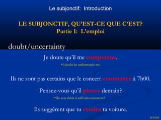 Le subjonctif: Introduction 
LE SUBJONCTIF, QU’EST-CE QUE C’EST? 
Partie I: L’emploi 
doubt/uncertainty 
retour 
Je doute qu’il me comprenne. 
•I doubt he understands me 
Ils ne sont pas certains que le concert commence à 7h00. 
Pensez-vous qu’il pleuve demain? 
•Do you think it will rain tomorrow? 
Ils suggèrent que tu vendes ta voiture. 
 