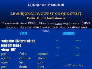 Le subjonctif: Introduction 
LE SUBJONCTIF, QU’EST-CE QUE C’EST? 
Partie II: La formation A 
This rule works for all REGULAR verbs and some irregular verbs. (HINT: 
Irregular verbs whose nous forms are identical to their ils and elles 
forms.) STEM ENDINGS 
•take the ILS form of the 
present tense 
•drop -ENT 
parl- finiss- répond-regard- 
choisiss- attend-mett- 
lis- dis-part- 
dorm- ouvr- 
-e -ions 
-es -iez 
-e -ent 
QUIA practice here 
 