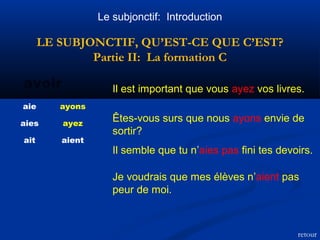 Le subjonctif: Introduction 
LE SUBJONCTIF, QU’EST-CE QUE C’EST? 
Partie II: La formation C 
avoir Il est important que vous ayez vos livres. 
aie ayons 
aies ayez 
ait aient 
Êtes-vous surs que nous ayons envie de 
sortir? 
Il semble que tu n’aies pas fini tes devoirs. 
Je voudrais que mes élèves n’aient pas 
peur de moi. 
retour 
 